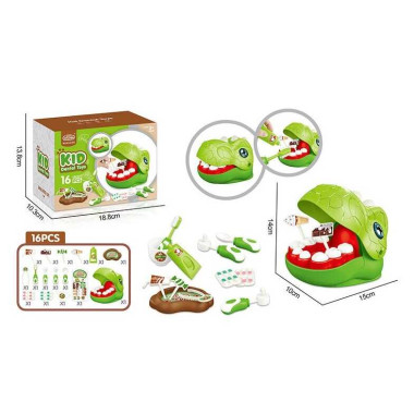 Набор стоматолога 623-922 (72/2) 16 элементов, голова динозавра, отверстия в зубах, инструменты, зубная паста, щетка, щипцы, сладости на палочках, в коробке