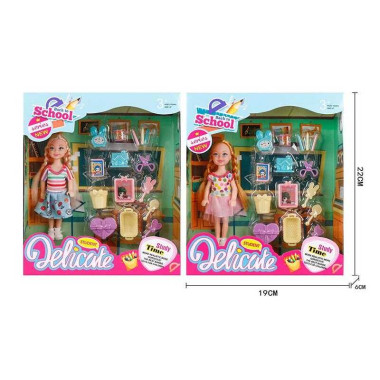 Кукла L 5-15 (96/2) 2 вида, "Школа", будильник, ножницы, карандаши, стаканчики, корзина, высота куклы 14см, в коробке