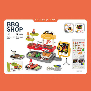 Гриль 668-145 (36) 56 элементов, звуковые эффекты кассы, грили, фритюр, подносы, монеты, купюры, продукты, баночки с соусами, в коробке
