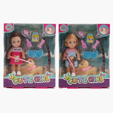 Кукла GN 686 A1 (192/2) 2 вида, высота: 11,5 см, аксессуары, собачка, съемная одежда, в коробке