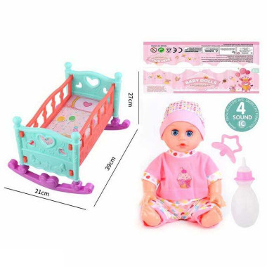 Пупс JK 624-15 (36/2) высота пупсика - 30 см, музыкальный чип, пустышка, бутылочка, тело - пластик, голова - резина, съемная одежда, кроватка - 39×21×27 см, эффект качания, в пакете