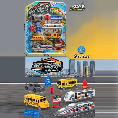 Набор машин 24616 (84/2) 2 поезда, 2 автобуса, спорткар, знаки, на листе