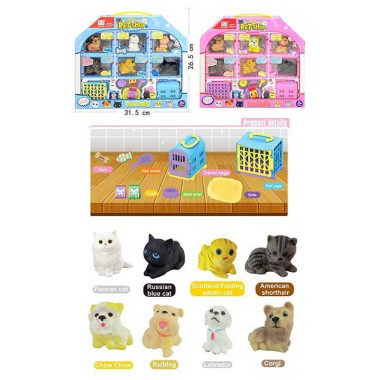 Набор животных A 1687 (48/2) 2 вида, 6 резиновых животных с пискавками, 2 переноски, аксессуары, в коробке