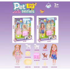 Лялька L 5-9 (144/2) 2 види, висота 14 см, лялька, 4 собачки, лежанка, миска, кісточка, щітка, переноска, в коробці