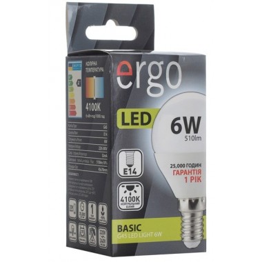 Lamp ERGO Basic G45 E14 6W 220V Нейт.Бел. 4100K Мат. н/Дім.